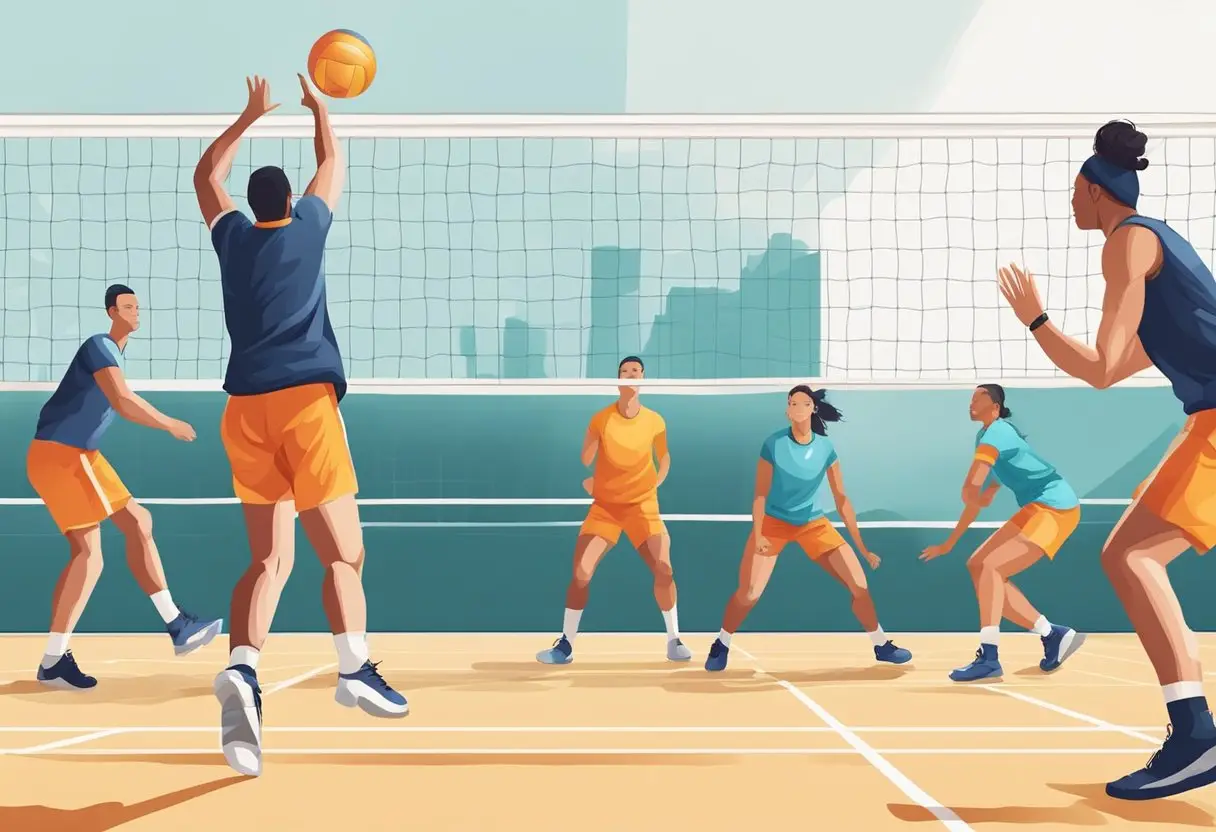 Players move quickly, setting up blocks and practicing footwork on the volleyball court