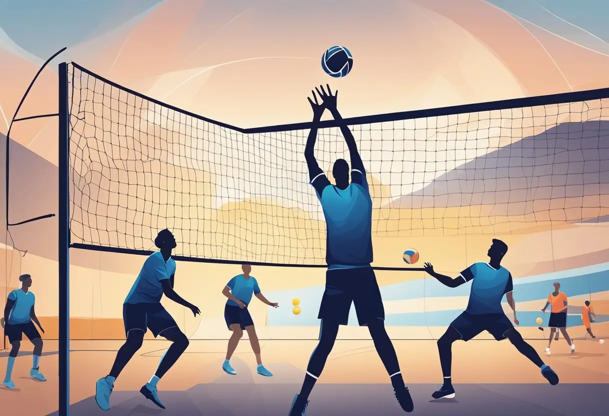 Volleyball players execute passing drills on a court with a net, focusing on precise ball control and accurate passing