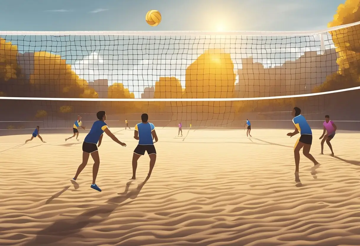 Players practicing fundamental volleyball drills on a sandy court under the bright sun, with a net in the background and balls flying through the air