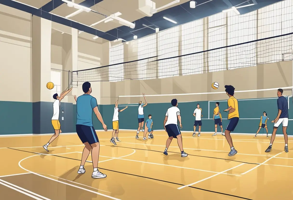 Players practice volleyball drills in a gym, setting and spiking the ball over the net. Coaches watch and provide feedback