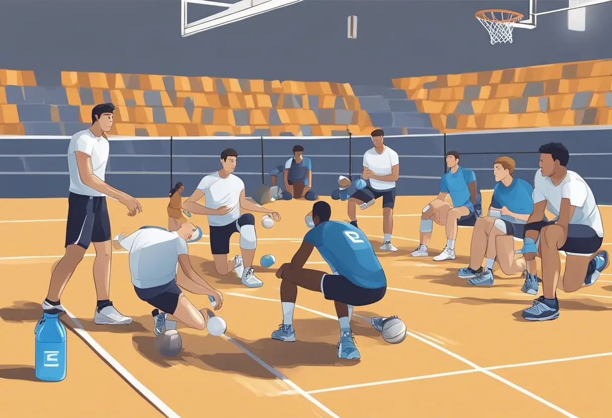 Players performing cool down and recovery drills after volleyball game, stretching and hydrating, surrounded by equipment and water bottles