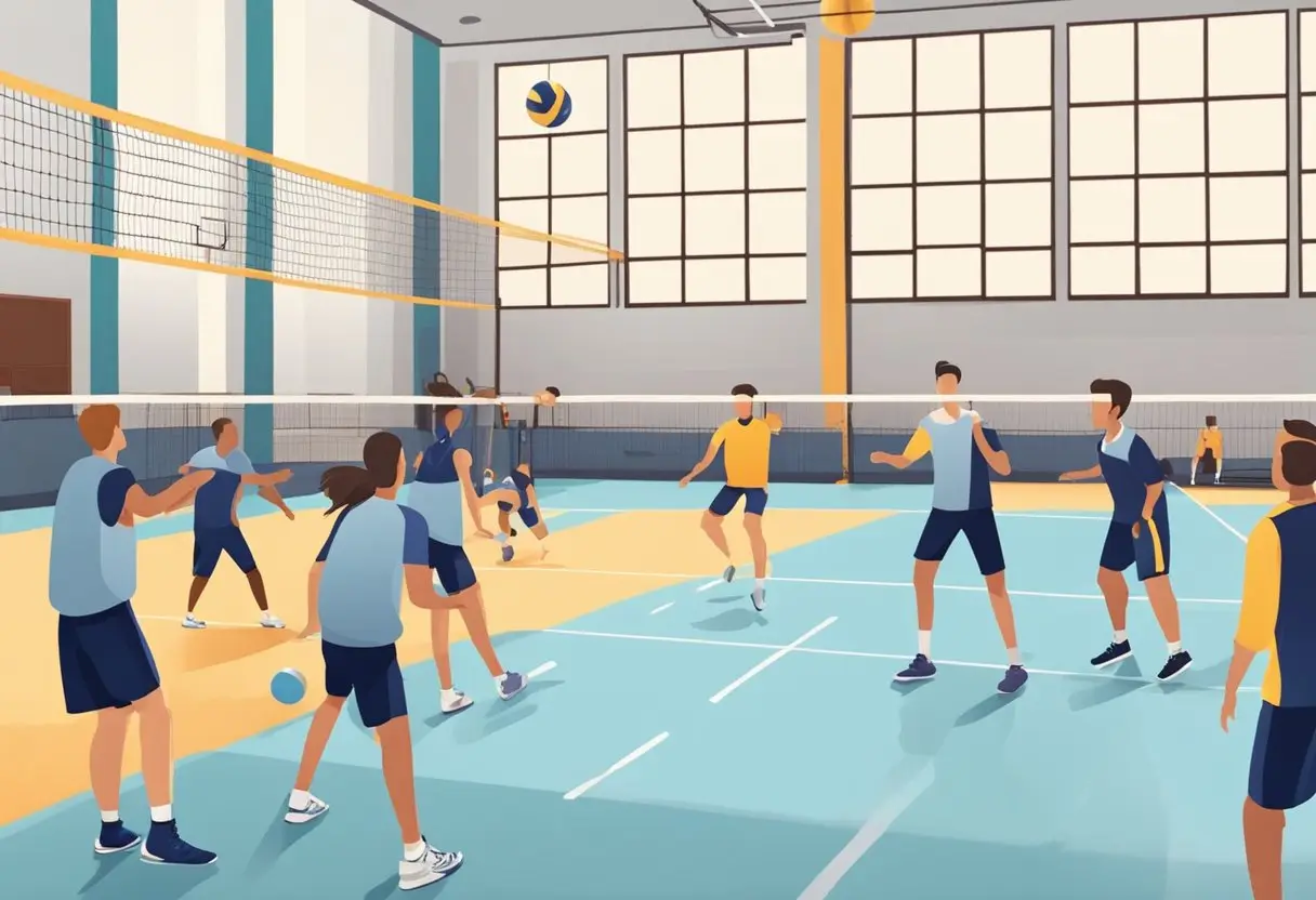 Players pass, set, and spike in a volleyball drill. The coach watches closely, giving feedback and encouragement. The gym is filled with the sound of bouncing balls and sneakers squeaking on the floor