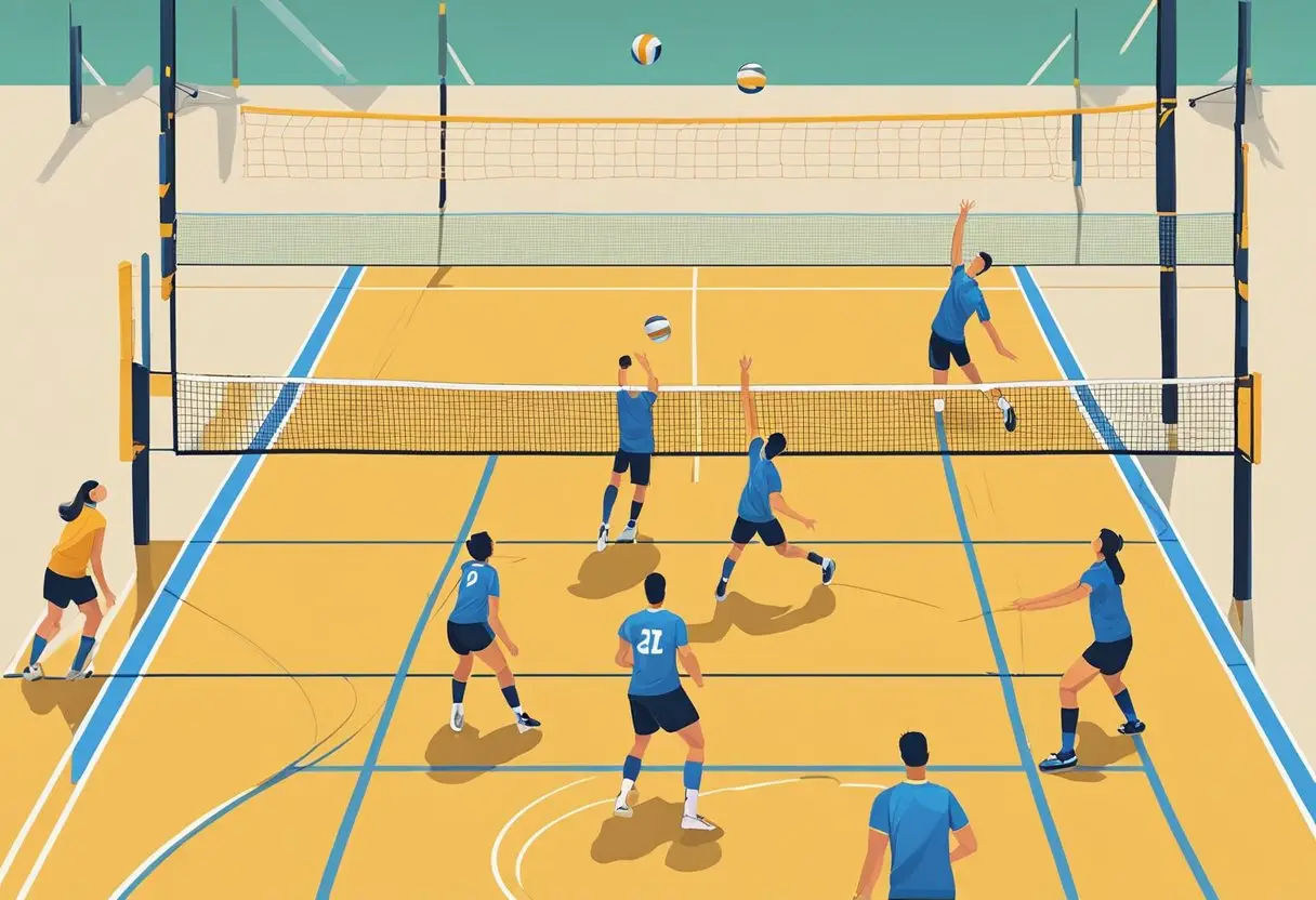 Players practicing serving drills on a volleyball court. Nets and boundary lines are visible