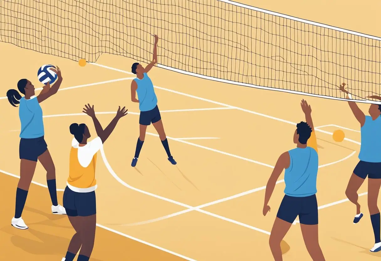 Volleyball drills take place on a sandy court, with a net dividing the two teams. Players are seen practicing their serves, sets, and spikes with precision and focus