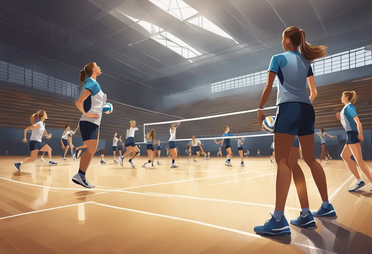 Volleyball players engaging in warm-up and conditioning drills on the court