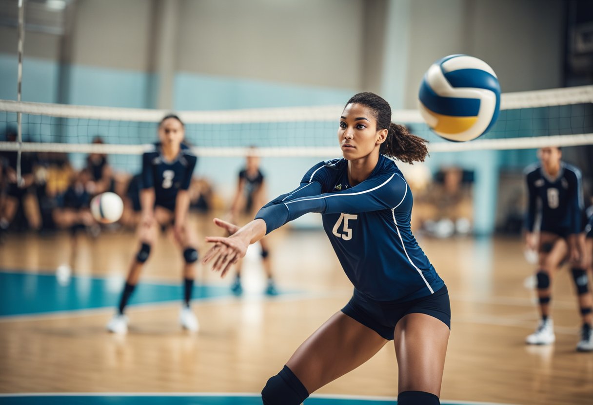 A volleyball player executing a perfect bump pass, with arms extended and eyes focused on the ball