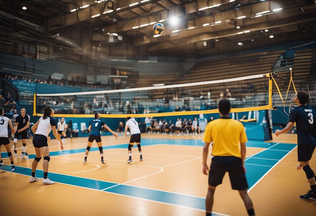 A volleyball court with players demonstrating essential skills like serving, passing, setting, spiking, and blocking