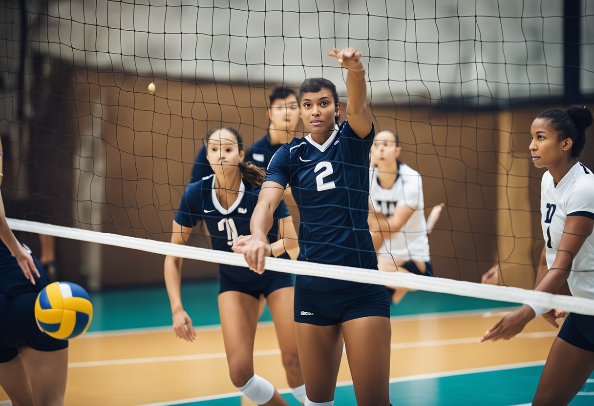 Players setting up a volleyball net, passing and spiking ball, while communicating and strategizing