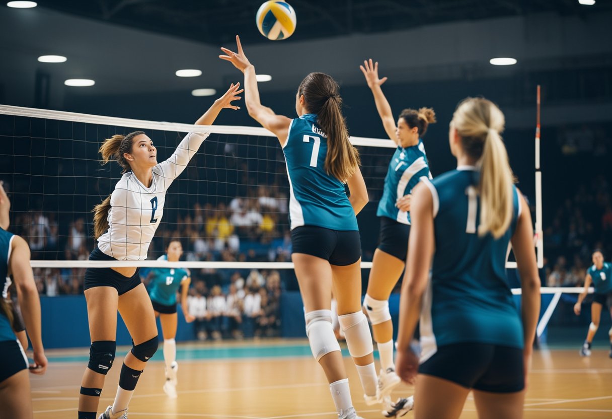 Players in a volleyball match strategize and demonstrate game understanding, requiring skills such as teamwork, agility, and spatial awareness