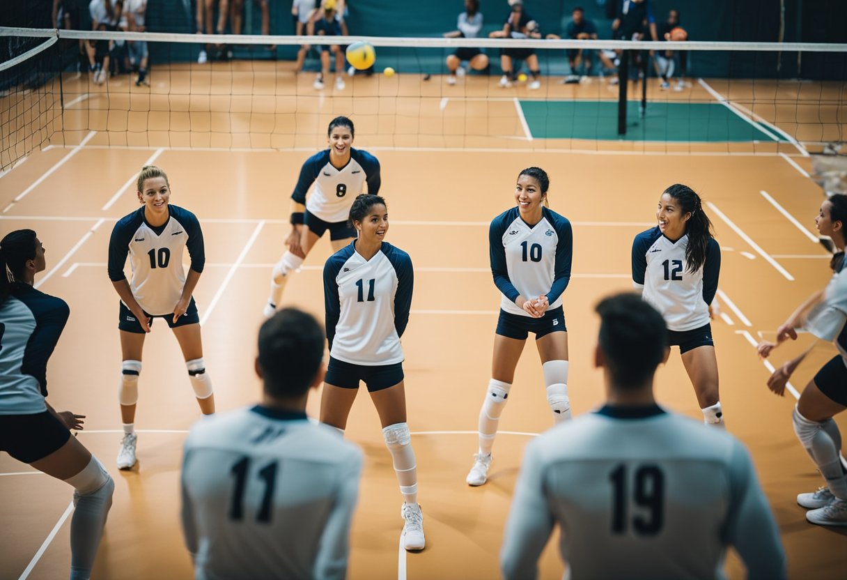 A volleyball court with players demonstrating focus, teamwork, agility, and strategic thinking