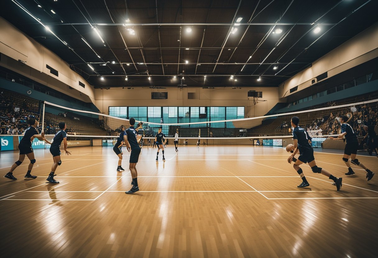 A volleyball court with players demonstrating various skills such as serving, passing, setting, spiking, and blocking