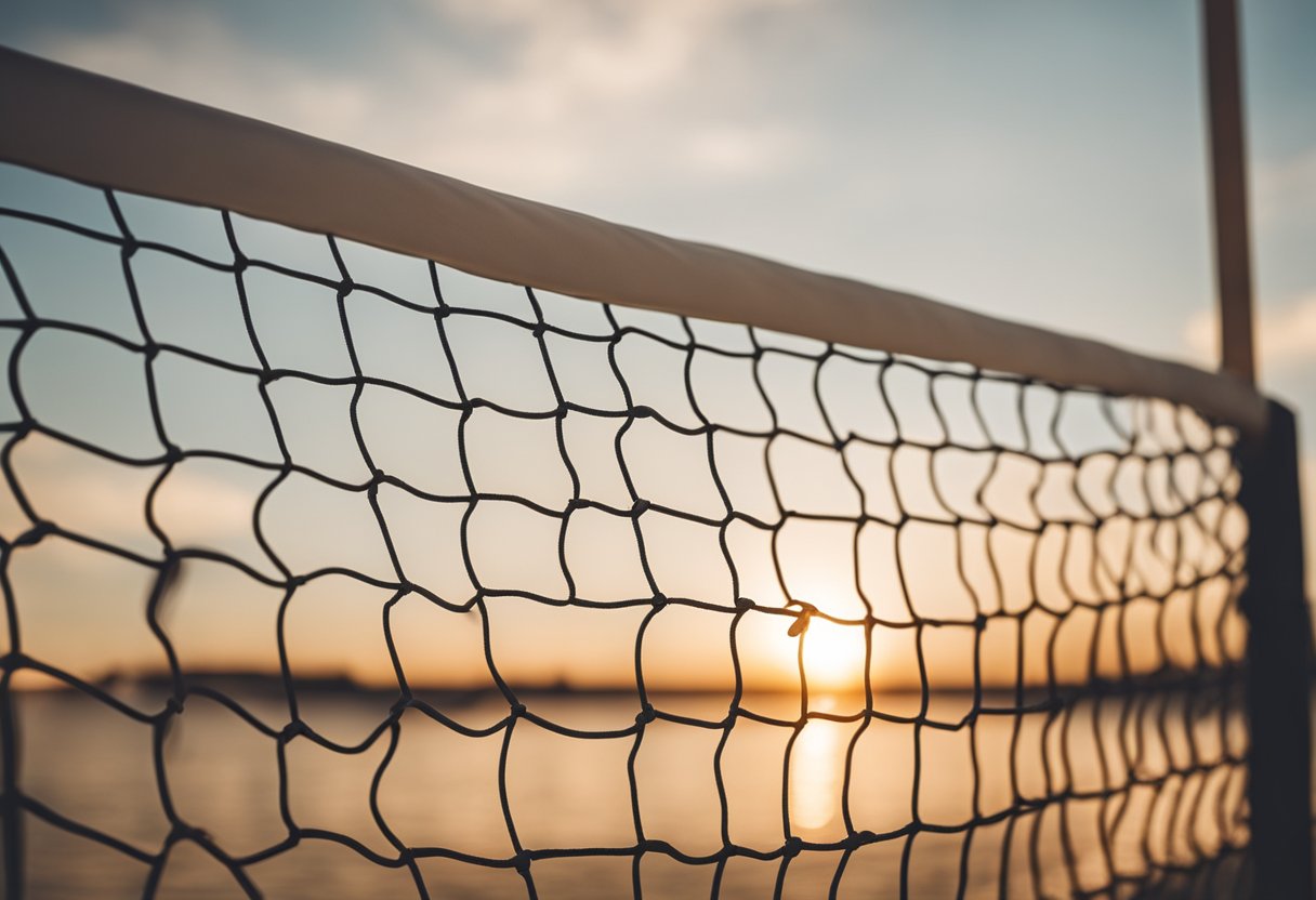 A volleyball soaring over a net towards a distant player