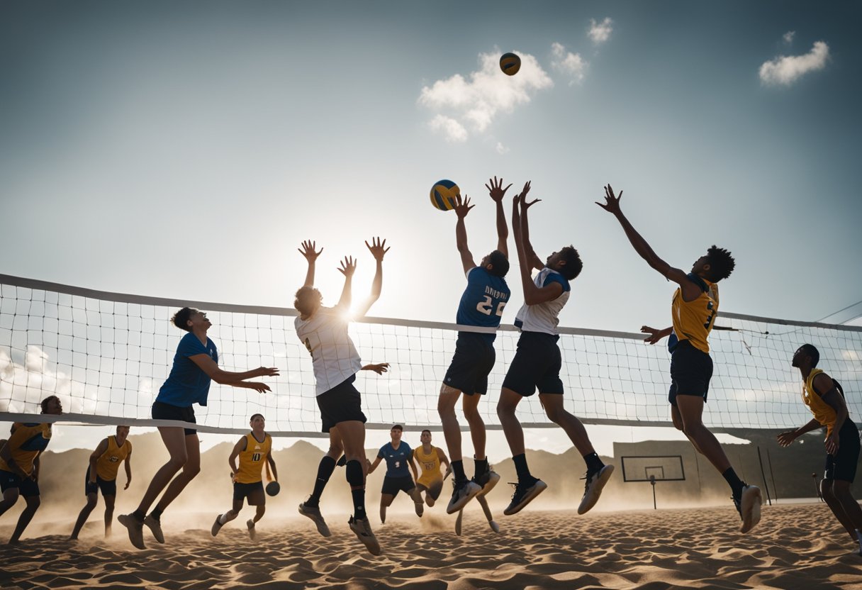 A group of players jumping and spiking a volleyball over a net