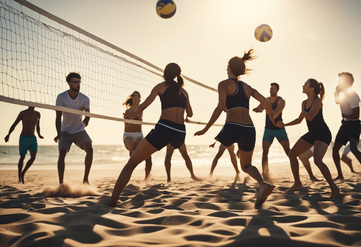 A group of people playing volleyball on a sandy beach, with players jumping and spiking the ball, showing the physical activity involved in the sport