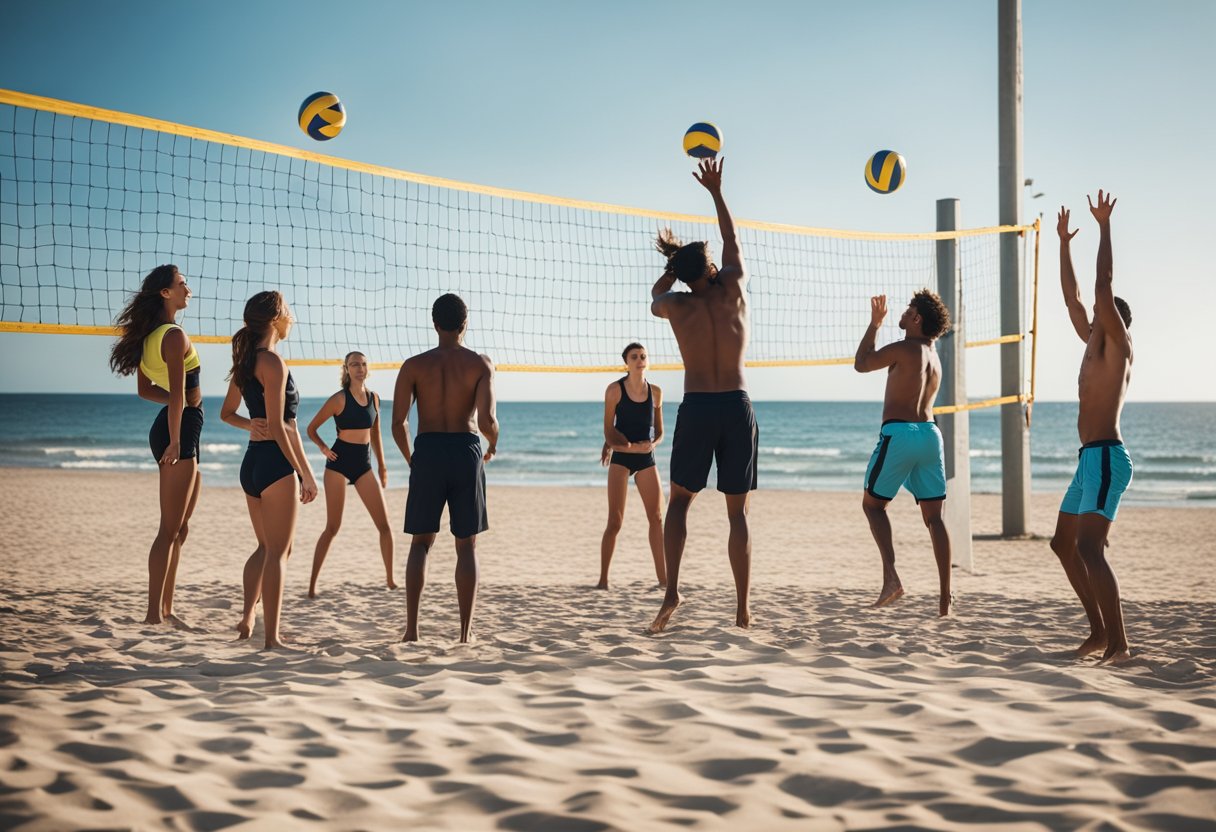 A group of people playing volleyball on a sandy beach with a clear blue sky in the background